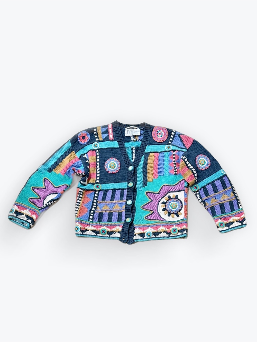 Hand-Knit Patchwork 80s 90s Bold Graphic Quirky Maximalist Oversized Sweater ~ M - Picture 7 of 17